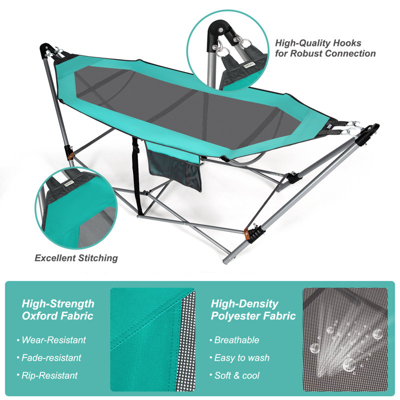Turquoise Folding Hammock with Iron Stand and Side Pocket