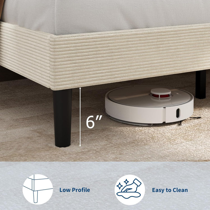 Structure de lit avec station de charge USB, structure de lit tapissier en velours côtelé avec tête de lit réglable, support de lattes en bois, aucun sommier requis, assemblage facile