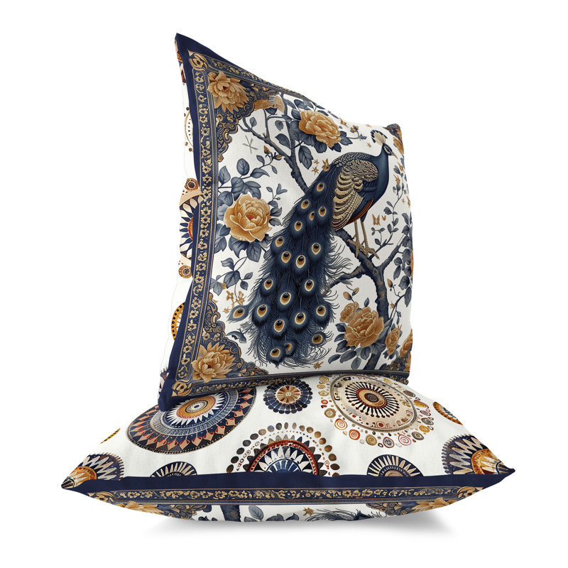 Peacock Mandala Indoor/Outdoor Square Throw Pillow, 16"H x 16"W, Gray/Orange