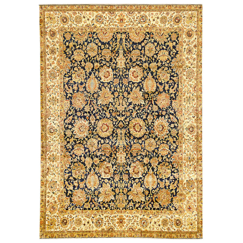 Tapis bleu et crème noué à la main de haute qualité