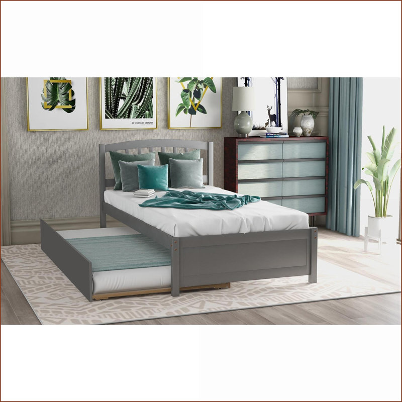 Structure de lit simple en bois de pin avec lit gigogne, gris - aucun sommier nécessaire