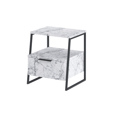 Modern Nightstand with Soft-Close Hinges, Carrara Marble Color, 17.7 x 19.7 x 15.7 inches | 100% Melamine Coated Particle Board, Thickness: 0.7 inches | Stylish and Functional Design for Bedroom or Living Room