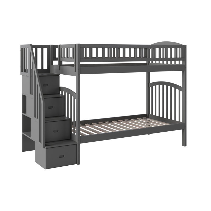 Jaxson Kids Solid Wood Staircase Bunk Bed with Storage, Gray, Twin over Twin