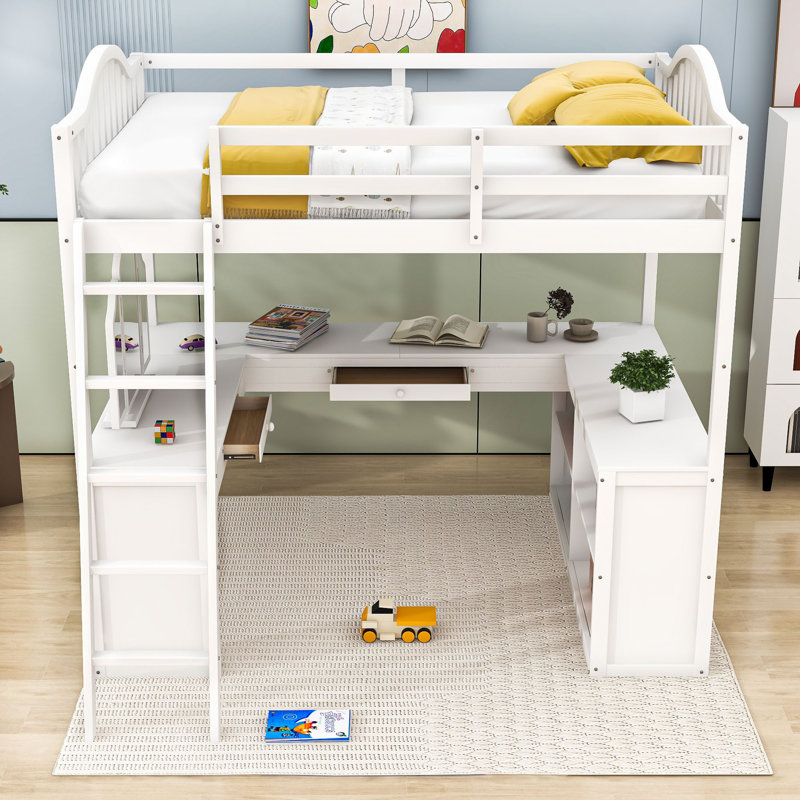 Lit mezzanine complet en bois Keimon avec bureau intégré et miroir, Blanc