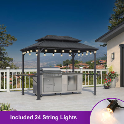 PURPLE LEAF Hardtop Grill Gazebo for Patio Aluminum Barbeque Canopy with 24 Clear Light Bulbs and Shelves Double Tiered Grey Outdoor BBQ Gazebo