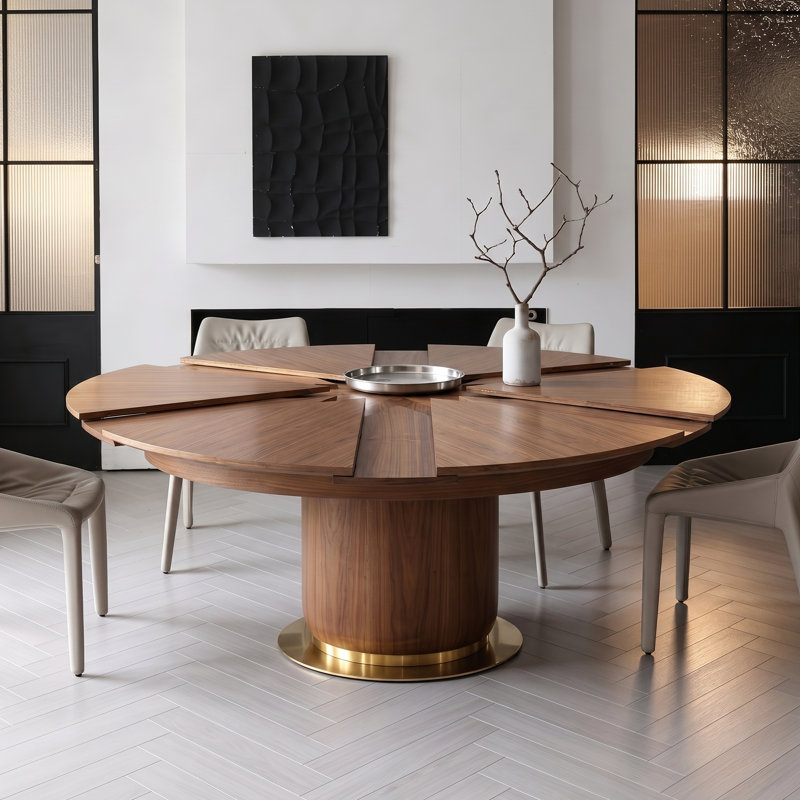Table de salle à manger extensible en bois (150 à 200 cm) avec incrustation en forme d'étoile et pied central.