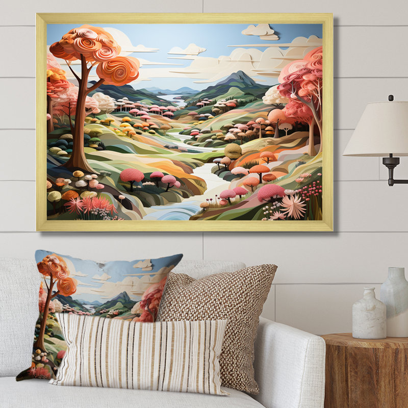 Paysage de rivière cubique I, Cadre doré simple, H 24 po x l 32 po x P 1 po