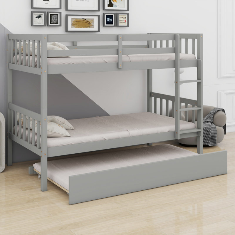 Wood Bunk Bed With Trundle, Convertible Into 2 Individual Single Beds, Gray