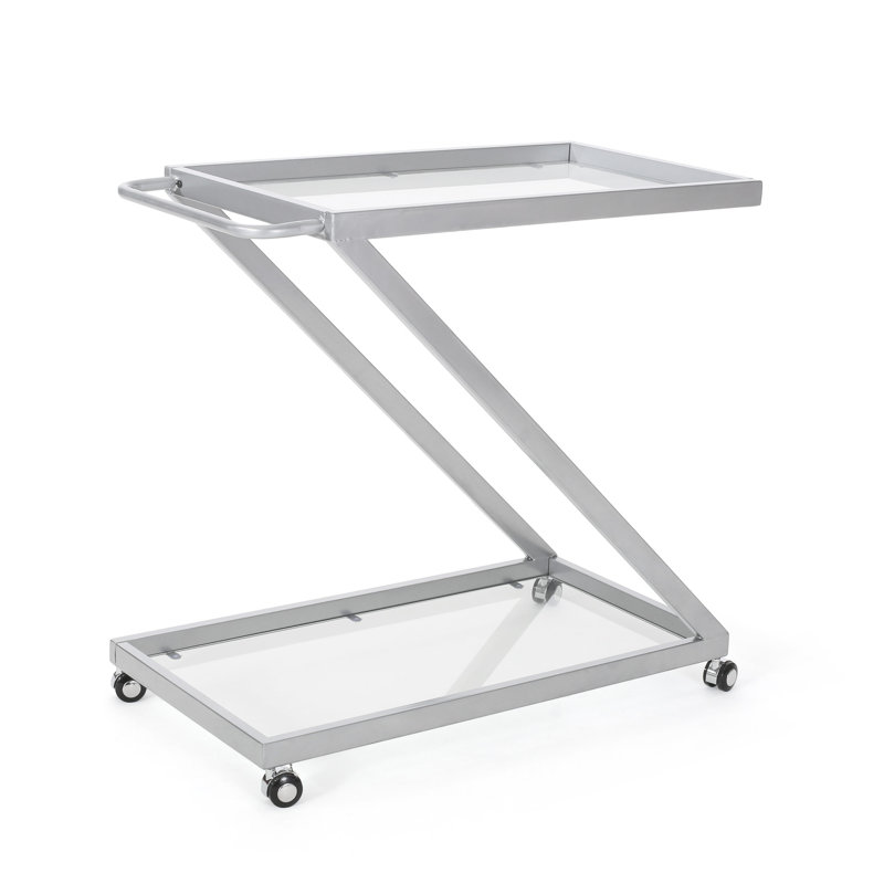 Cool Metal And Glass Bar Cart, Locking , 36.95Ind X 34.1Inh, Silver Hip Cart With Construction Tempered Shelving,