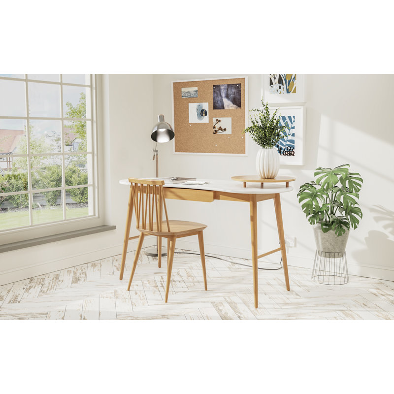 Doucoure Solid Wood Base Writing Desk, White, Natural Oak
