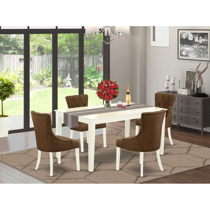 Ensemble de table de salle à manger moderne 5 pièces comprenant une table rectangulaire en bois et 4 chaises Parson rembourrées en tissu brun, lin blanc