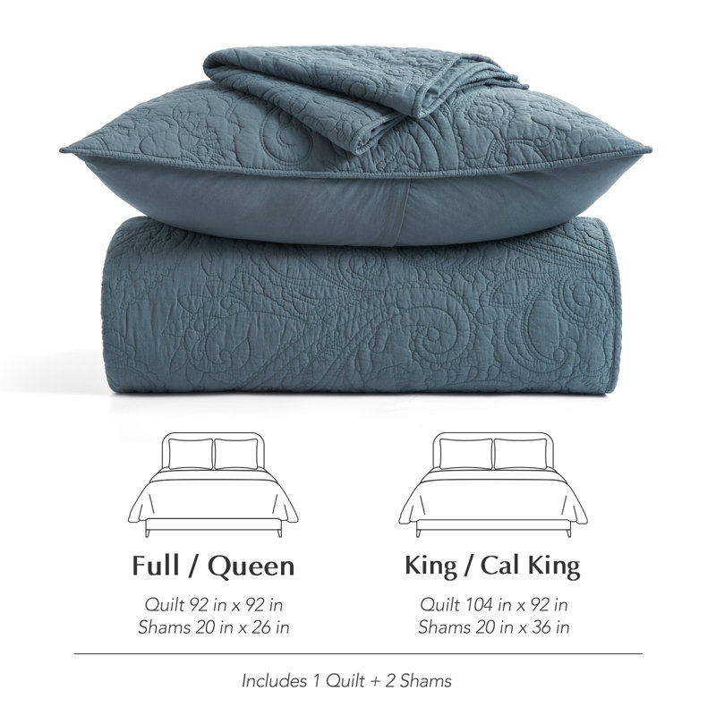 Ensemble de courtepointe 100% coton à motif cachemire 3 pièces, Bleu orageux