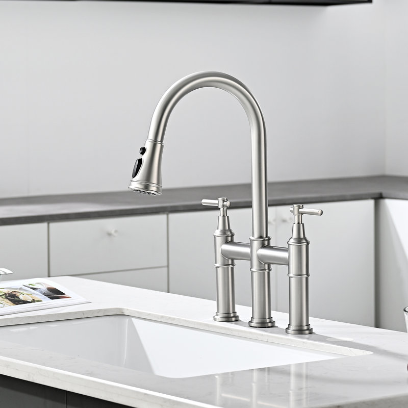 Pull Down Bridge Faucet with 2 Handles, Brushed Nickel