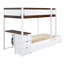 Lit superposé simple au-dessus d'un lit simple en noyer blanc avec bureau, lit gigogne, tiroirs de rangement et ports de chargement USB