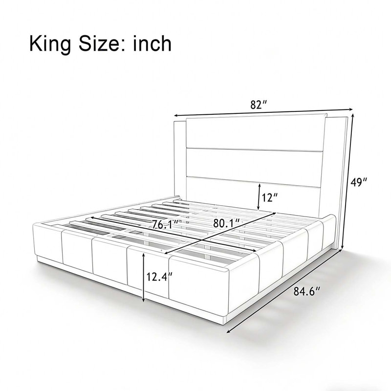 Lit plateforme tapissier avec tête de lit en bois allongée, Très grand lit, Blanc
