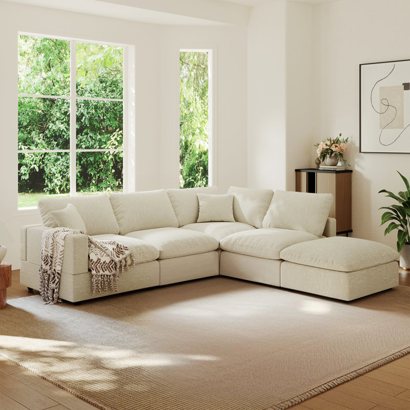 Canapé modulaire rembourré en forme de L avec repose-pieds pour salon et chambre à coucher, Beige