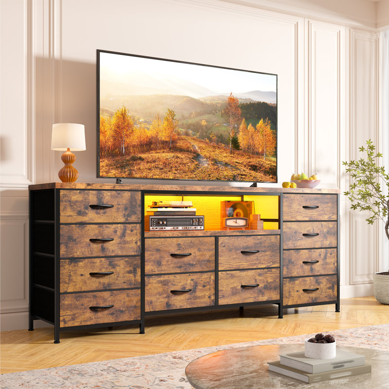  63.11" W 12 Fabric Drawer Dresser For Bedroom, Long Dressers Tv Stand Media Console With Led Lights & Power Outlets, Brown
