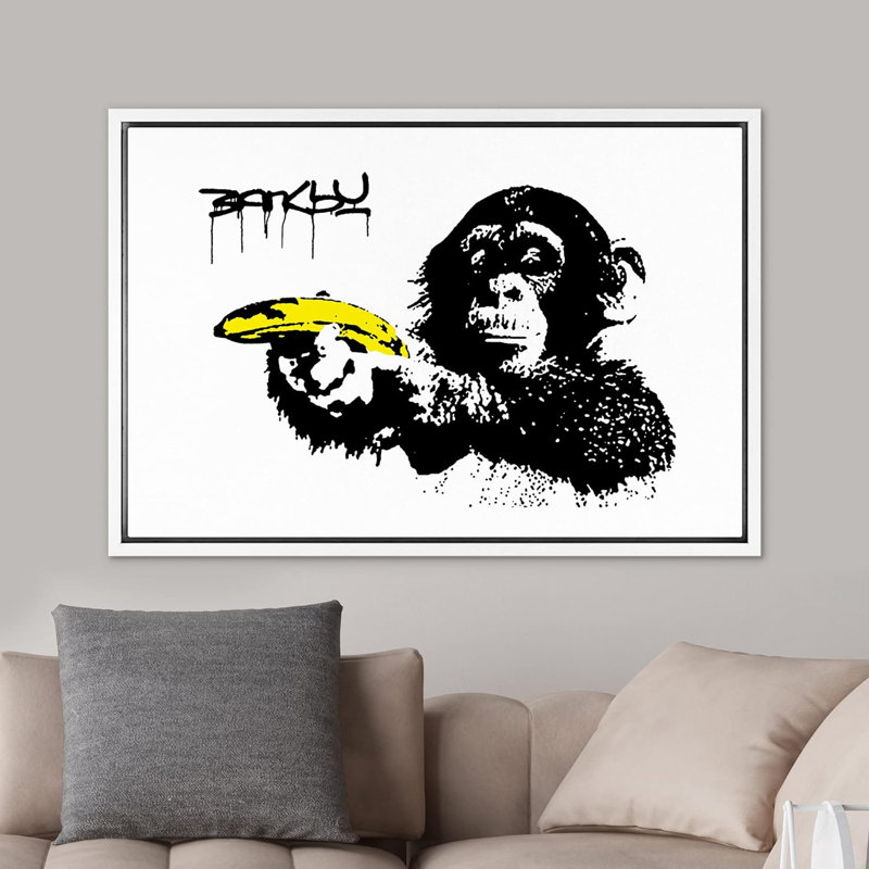 Singe Banksy avec banane, Cadre flottant blanc, H 24 po x l 36 po x P 1,5 po