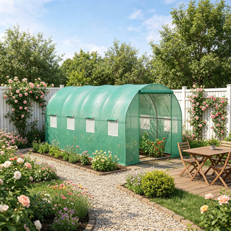 Outsunny 15' X 7' X 6.5' Walk-In Tunnel Hoop Greenhouse, Green House With Polyethylene PE Cover, Steel Frame, Roll-Up Zipper Door & Windows For Flowers, Vegetables, Tropical Plants, Green