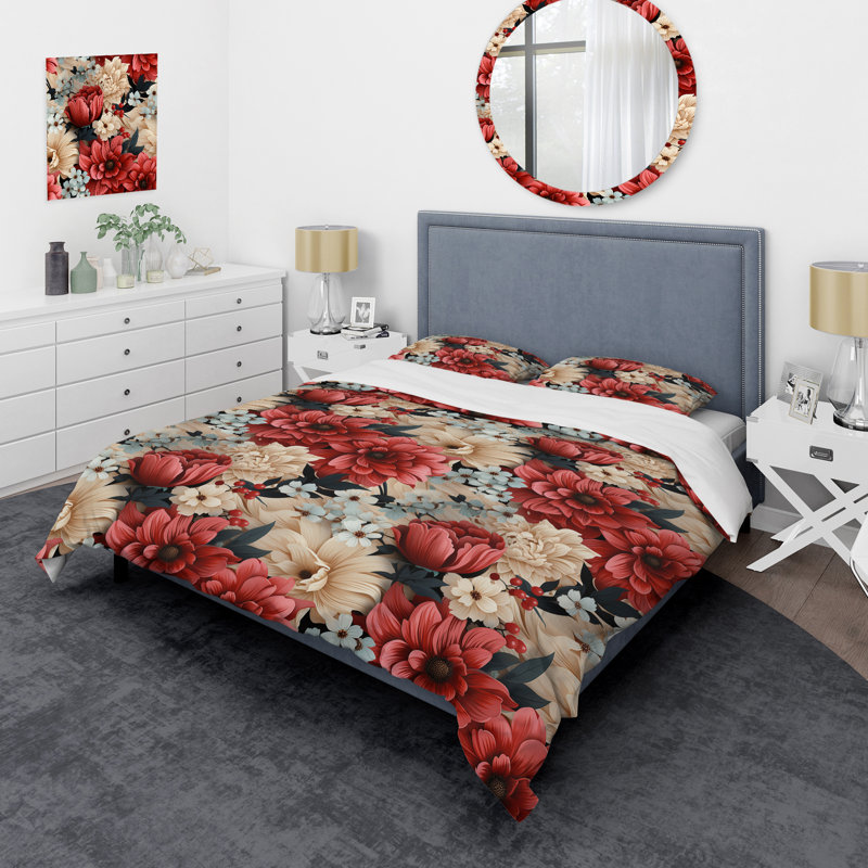 Ensemble de housse de couette Coral Gingham Charm Floral Pattern, Housse de couette pour grand lit et 2 taies décor