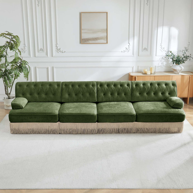Canapé modulaire de style Chesterfield avec capitonnage à boutons et jupe à pampilles, Green