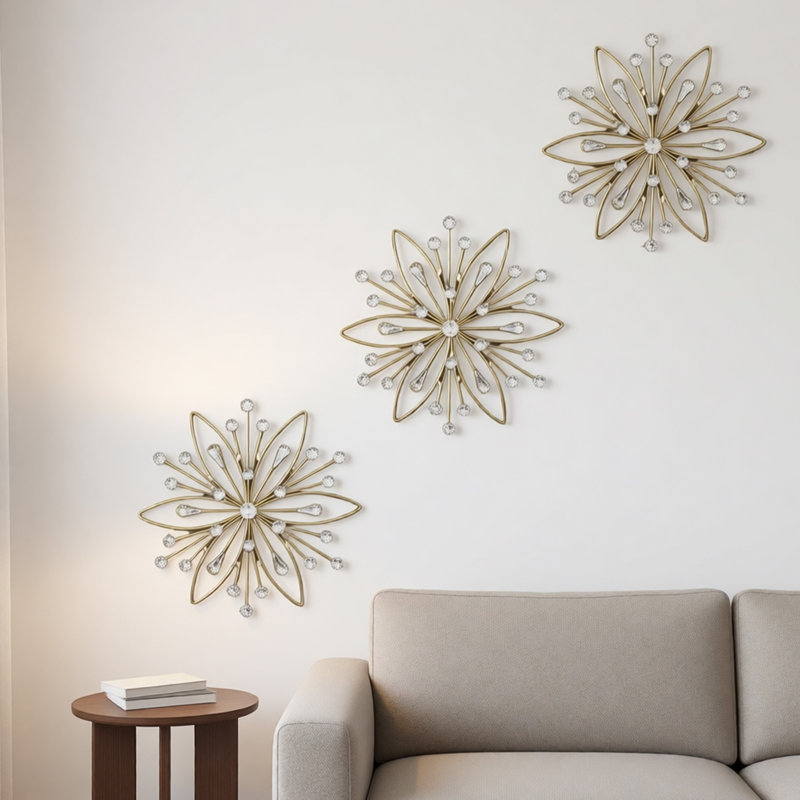 Ensemble de 3 décorations murales en forme d'étoile en métal avec strass en cristal, Gold
