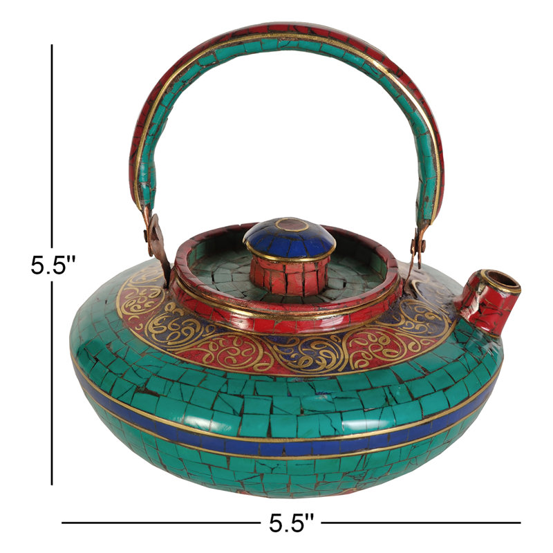 Bouilloire rituelle en cuivre faite à la main avec incrustation de pierres précieuses | Motif de vigne turquoise corail et lapis turquoise | Récipient d'eau traditionnel pour l'autel et la décoration bouddhiste tibétain traditionnel