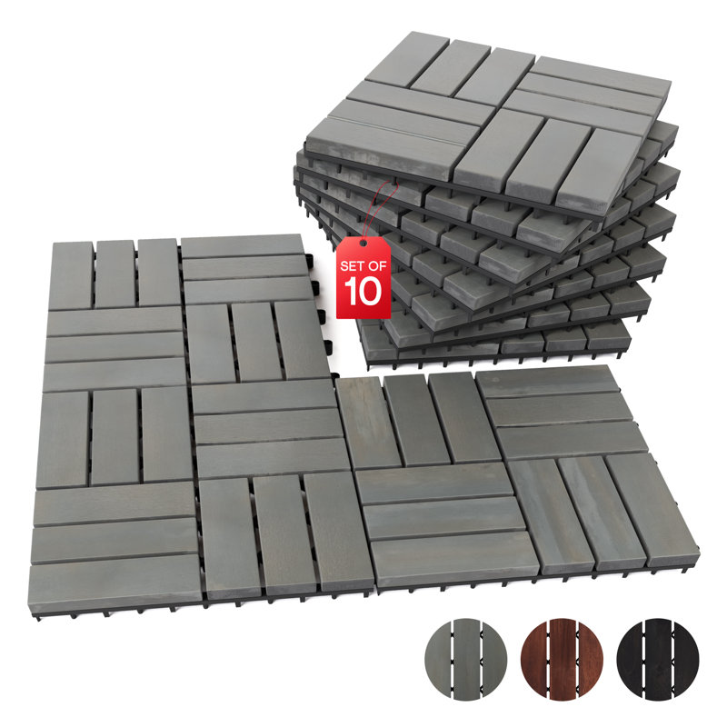 Carreaux de terrasse en bois teck (paquet de 10) - 12 lattes, Gris