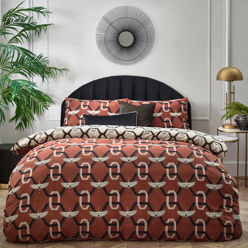 Cotton Blend Geometric Shapes Duvet Cover Set with Pillowcases Included, Brick