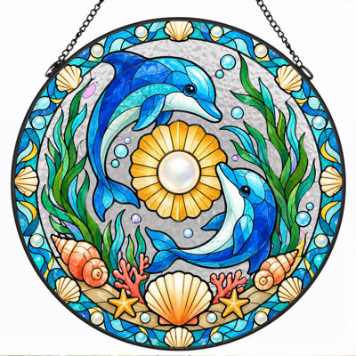 "Blue dauphins et coquillages en verre coloré", art mural