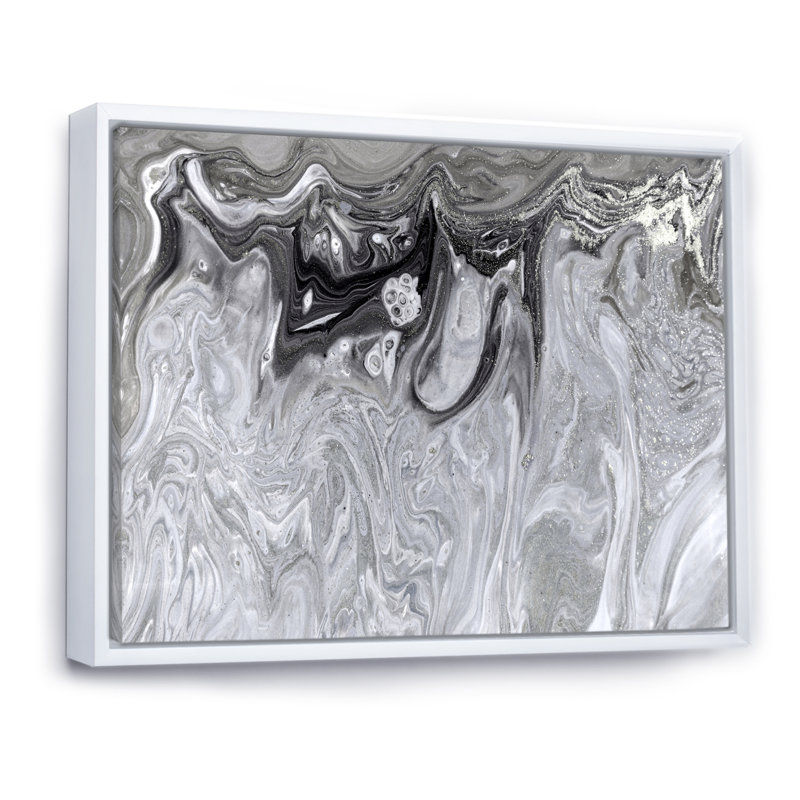 Gris abstrait liquide - peinture sur toile, Cadre flottant blanc, H 12 po x l 20 po x P 1 po