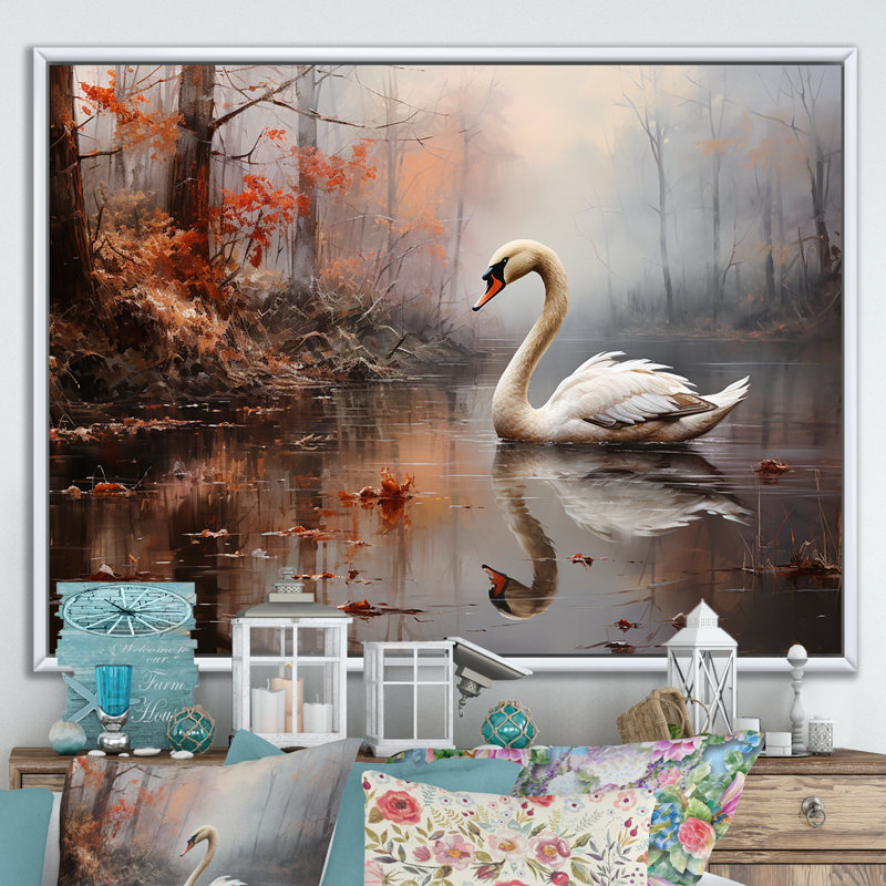 Cygne dans la brume sur toile, H 34 po x l 44 po x P 1,5 po, Cadre flottant blanc