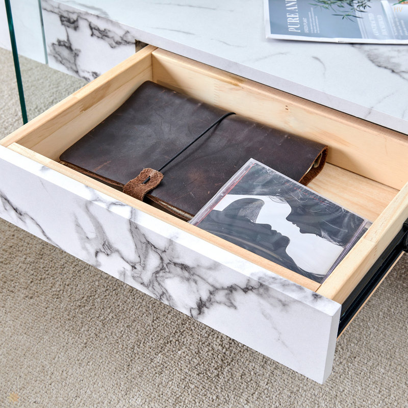 Table basse moderne 43,3 pouces à deux niveaux - verre trempé transparent et texture de marbre blanc, design de rangement multifonctionnel