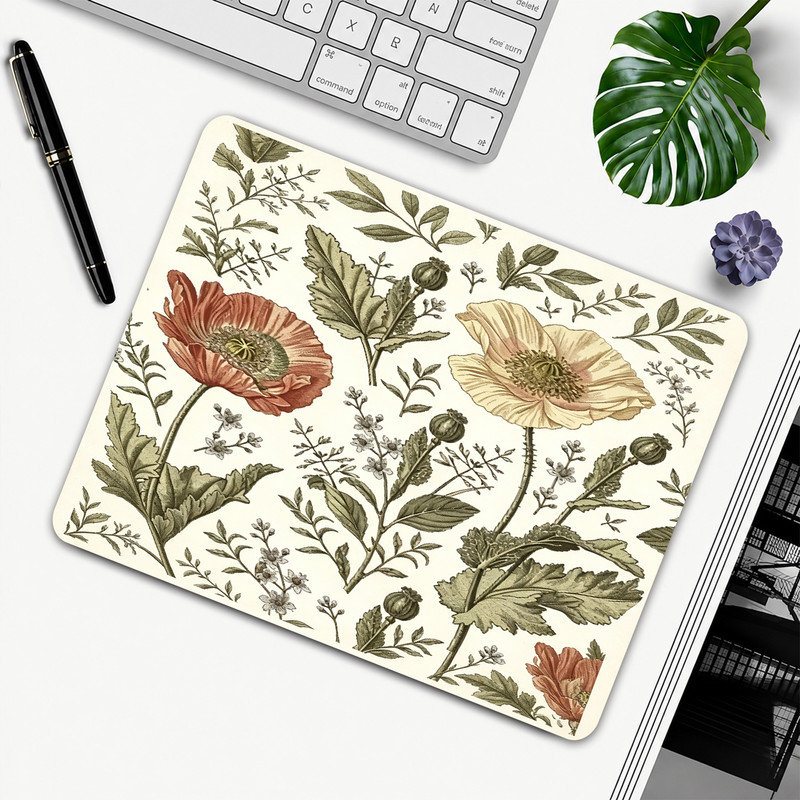  Tapis de souris en caoutchouc, surface en microfibre lisse, base antidérapante, tapis de souris décoratif à bord arrondi pour le bureau et les jeux, 12 po x 8 po, imprimé coquelicot botanique rose