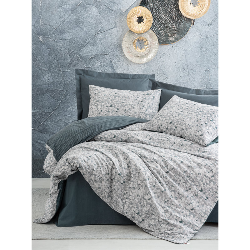 Ensemble de housse de courtepointe 100% coton Ranforce, anthracite et blanc (63 x 87), comprend un drap-housse (63 x 95) et une taie d'oreiller (20 x 28) | Lavable à la machine, fermeture à boutons, impression élégante de pigments pour un décor de chambre à coucher confortable