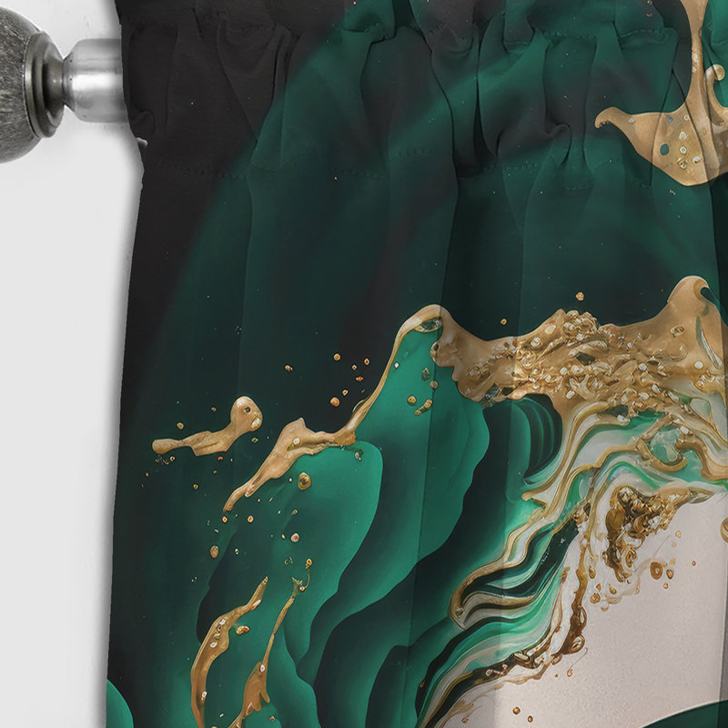 Vert émeraude et vagues abstraites dorées IV - Rideau occultant abstrait - 1 panneau, L 52 po x L 95 po