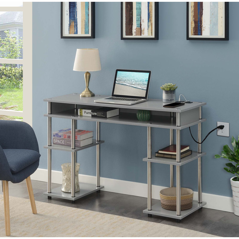 Edwin No Tools Computer Desk with Built-In Outlets, Gray