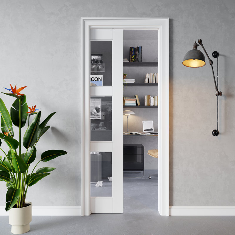 Porte intérieure en verre transparent 3-Lite, porte en verre trempé CARB P2 en panneau de fibres à densité moyenne et en verre trempé, avec cadre renforcé et ensemble de quincaillerie, porte de chambre à coucher coulissante, préfinie et imperméable, pour garde-manger, chambre à coucher, salle de bain et placard, teinture facile à bricoler, 36 "x 80"