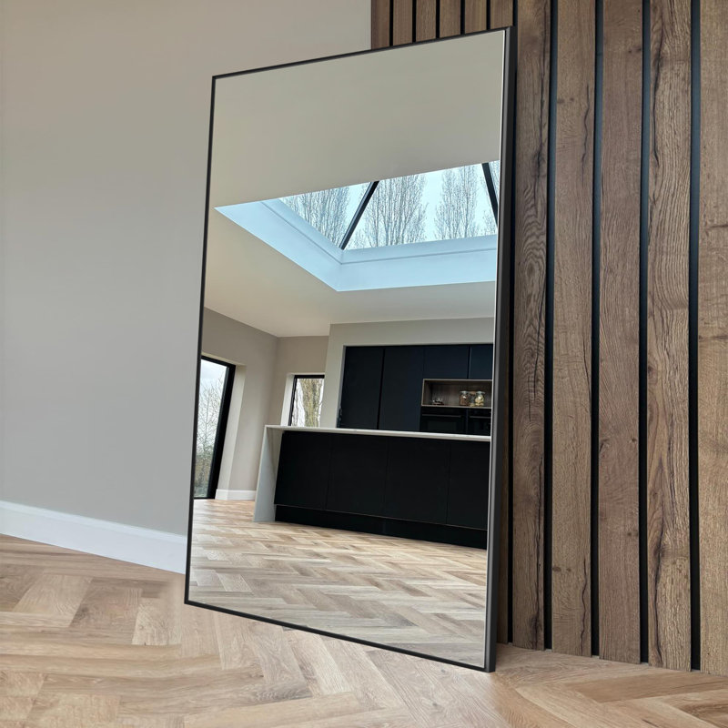 Vertell Oversize Rectangle Full Length Mirror Metal Mirror for GYM/ Bedroom with Stand, Matte Black, 71" x 32"