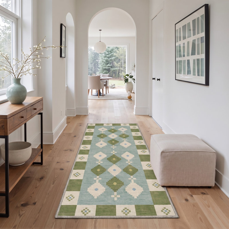 Tapis de couloir bleu / vert marocain lavable à la machine avec envers antidérapant, Runner 2' x 6'