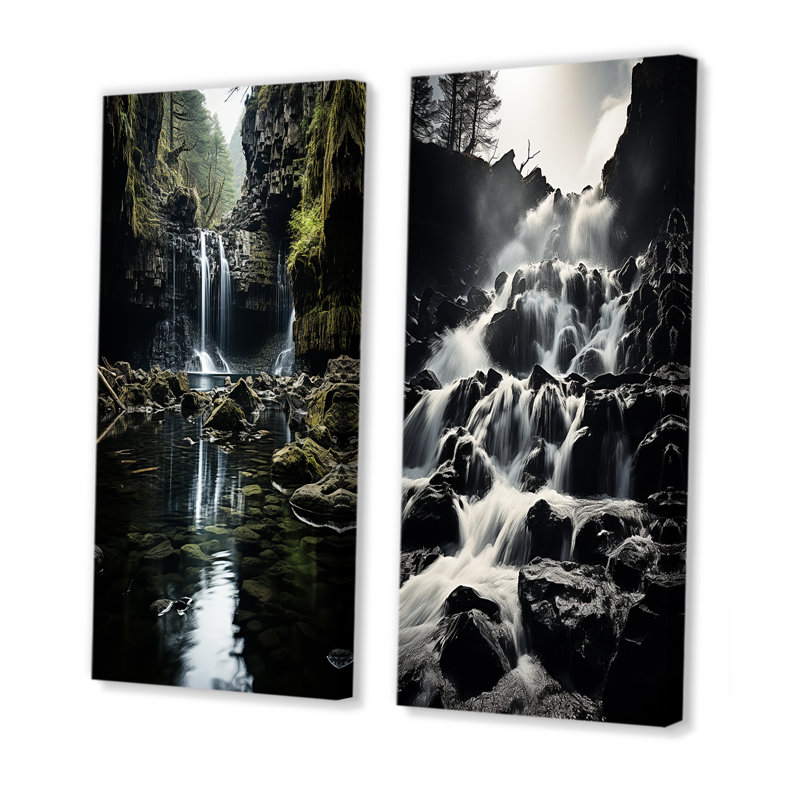 «Grey Green Waterfall Cascading Reflections», 2 pièces, H 40 po x l 40 po, Toile tendue