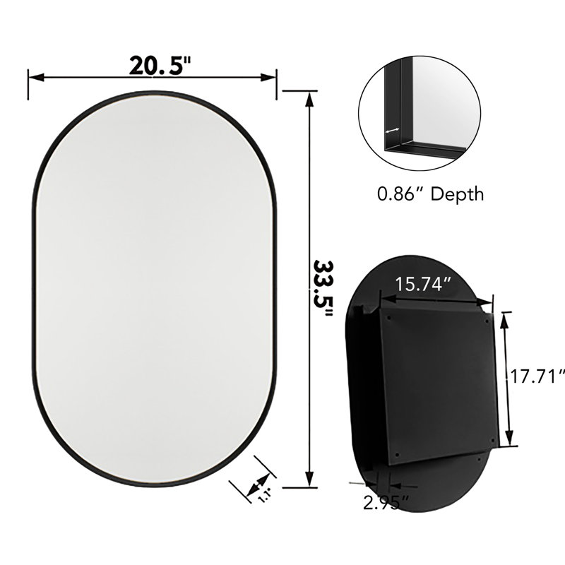 Armoire de salle de bain encastrée 20,23x33,71x4,42 pouces, cadre en métal noir mat avec miroir, tablettes réglables, armoire à pharmacie ovale encastrée 20x34