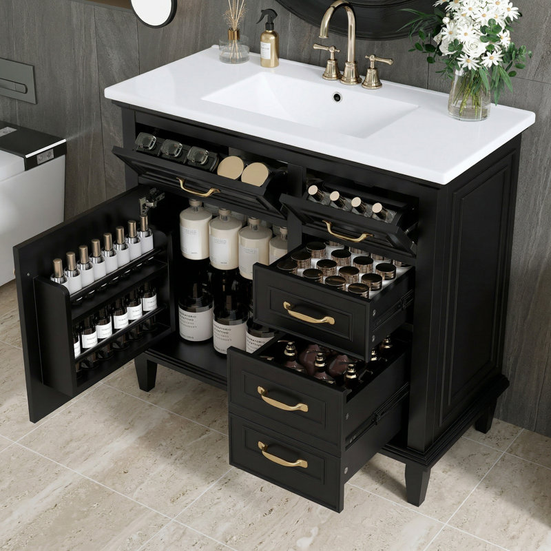 Meuble-lavabo de 36 po avec comptoir en céramique et meuble-lavabo autoportant en bois massif, Noir