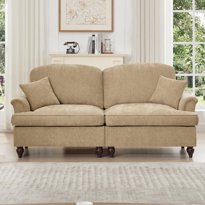 Élégante causeuse à deux places à accoudoirs évasés en chenille de café, style Mid-Century avec volants détachables, jupes à plis et configurations multiples Accoudoirs surdimensionnés, jupes amovibles, pieds fuselés
