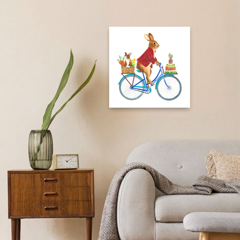 Lapin de Pâques, tour de vélo, fantaisie, lapin, printemps, art mural, 24" H x 24" W