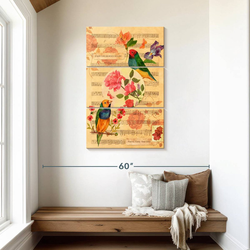 Brampt oiseaux chanteurs et roses, H 45 po x l 28 po
