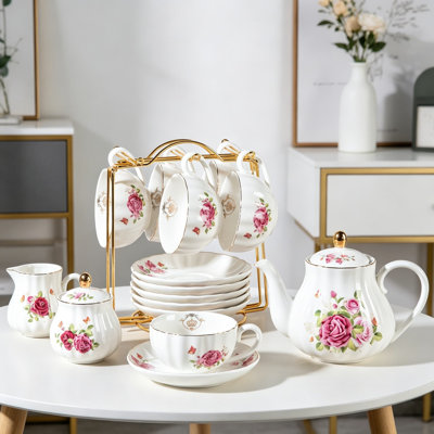 Porcelain Tea Set British Royal Series, 8 OZ Cups and Saucer Service for 6, Teapot Sugar Bowl Cream Pitcher Teaspoons and Tea Strainer for High Tea Wedding Party