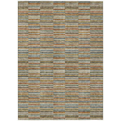 9' X 12' Orange Copper And Gray Striped Washable Indoor Outdoor Area Rug