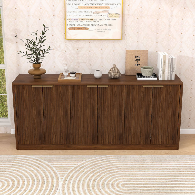 Stylish Wave Design Sideboard Buffet Cabinet with 6-Door Storage and Durable Construction, Walnut