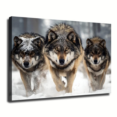 Three Gray Wolves Running In Snowy Winter Wilderness, Large Gallery Wrapped Canvas Wall Art Print For Living Room Bedroom